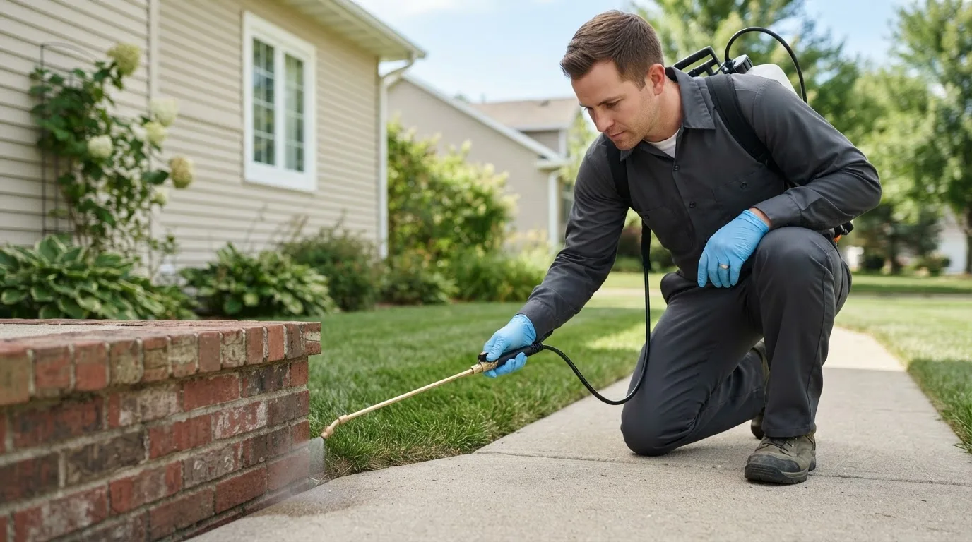 Pest control technician treating a home near Wamego, KS